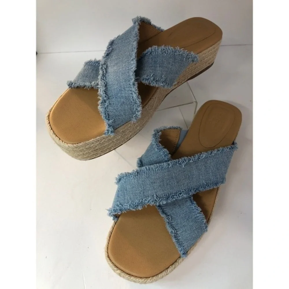 Gap Size‎ 8 Denim Espadrille Platform Slides Wind Blue Frayed Crisscross Sandals